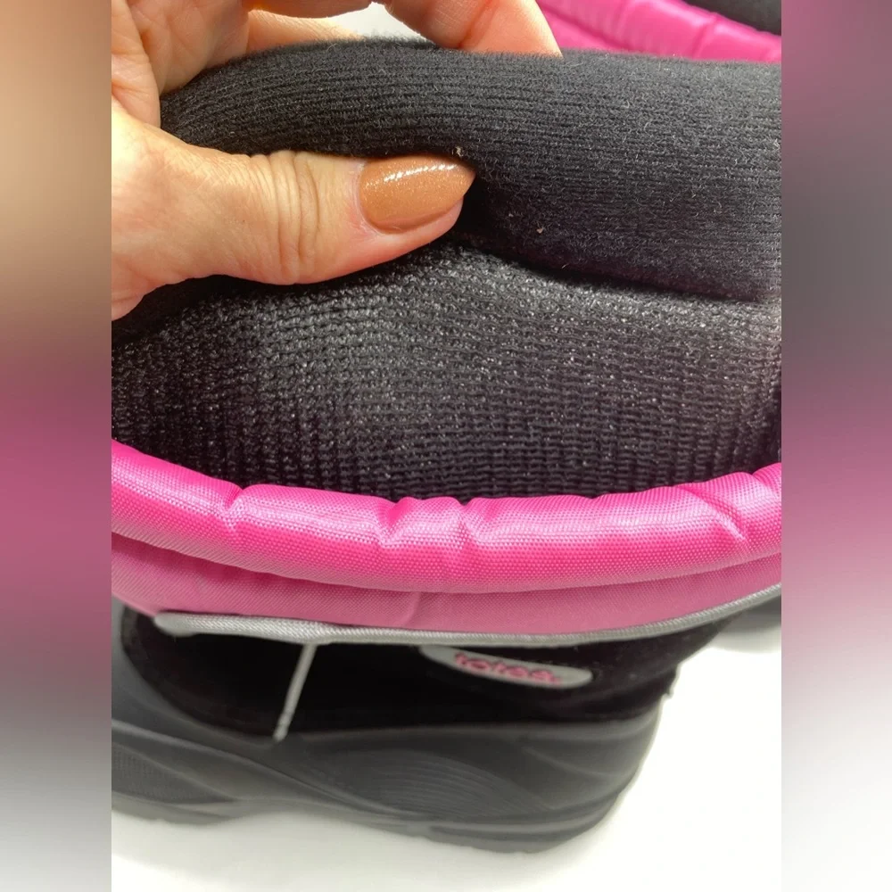 NWT-Totes Black n Pink Leather Fabric Upper All Weather Boot 6 - Picture 5 of 7
